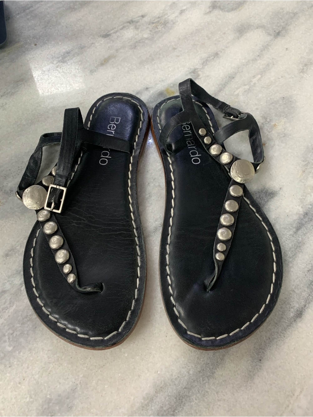 Bernardo Black Studded T-Strap Leather Sandals